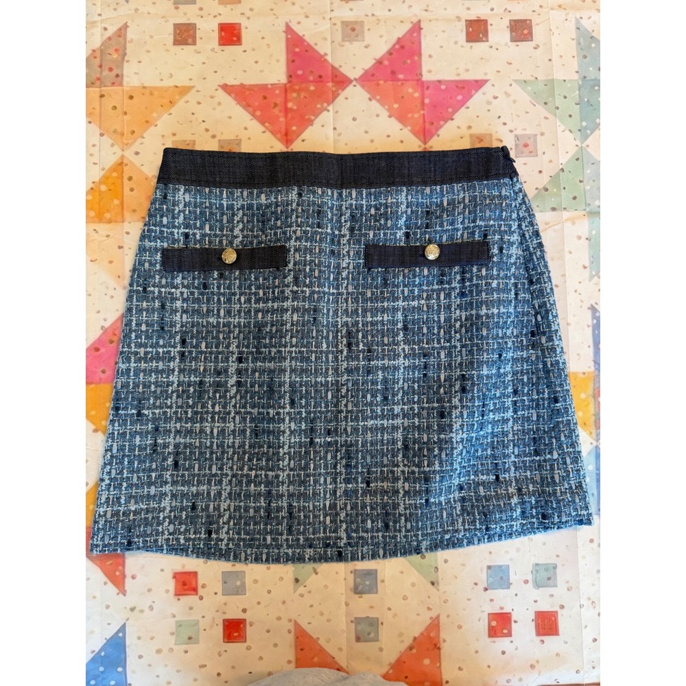 LOFT Blue Tweed Mini Skirt Gold Button Accent Denim Trim Size 6 NWT 37989622
